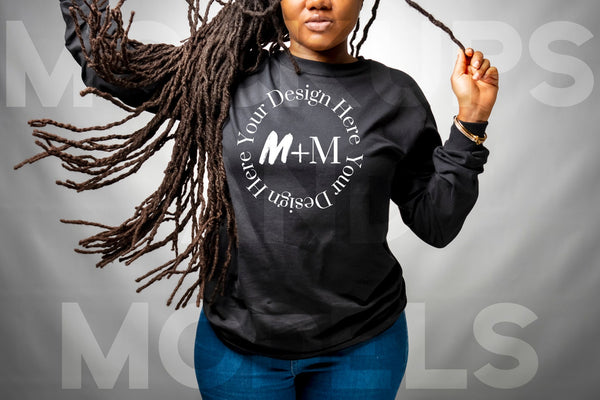 Black Bella Canvas 3501 Long Sleeve | Black Girl Mock Up | Mockups and Models | High Quality Mock ups | Next Level | Best Mockups | Anvil