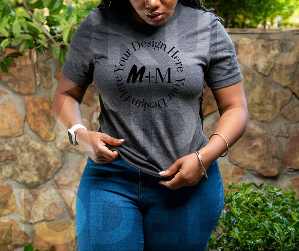 Bella Canvas 3001 Dark Grey Heather T-Shirt Mock Up | Black Model Mock Up | African American Mock Ups | Black Woman Lifestyle Outdoors