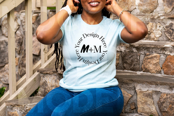 Bella Canvas 3001 Heather Prism Ice Blue T-Shirt Mock Up | Black Model Mock Up | African American Mock Ups | Black Woman Lifestyle Outdoors
