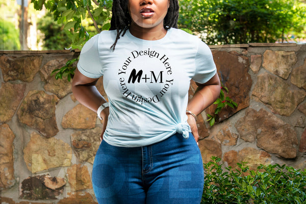 Bella Canvas 3001 Heather Prism Ice Blue T-Shirt Mock Up | Black Model Mock Up | African American Mock Ups | Black Woman Lifestyle Outdoors