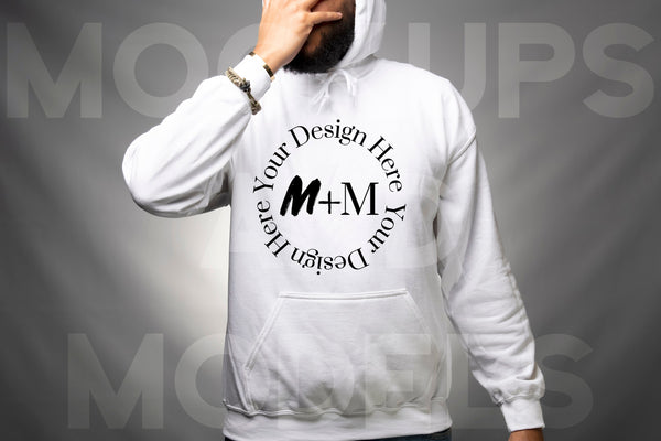 Gildan 185 White Hoodie Mock Up | Black Male Mock Up | African American Mens Models | Lifestyle | Black Male Winter Fashion Pullover
