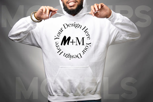 Gildan 185 White Hoodie Mock Up | Black Male Mock Up | African American Mens Models | Lifestyle | Black Male Winter Fashion Pullover