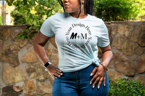 Bella Canvas 3001 Heather Prism Ice Blue T-Shirt Mock Up | Black Model Mock Up | African American Mock Ups | Black Woman Lifestyle Outdoors