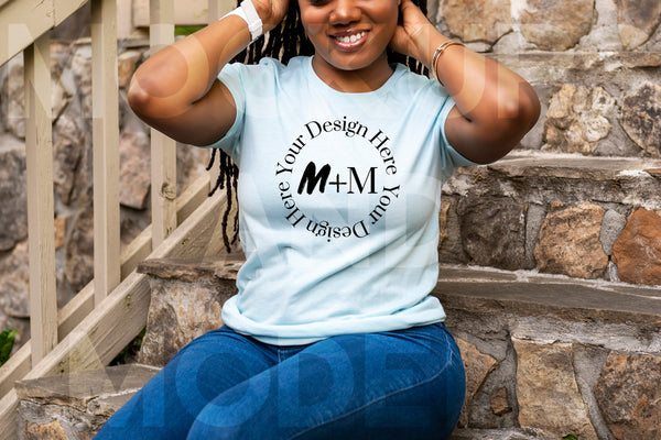 Bella Canvas 3001 Heather Prism Ice Blue T-Shirt Mock Up | Black Model Mock Up | African American Mock Ups | Black Woman Lifestyle Outdoors