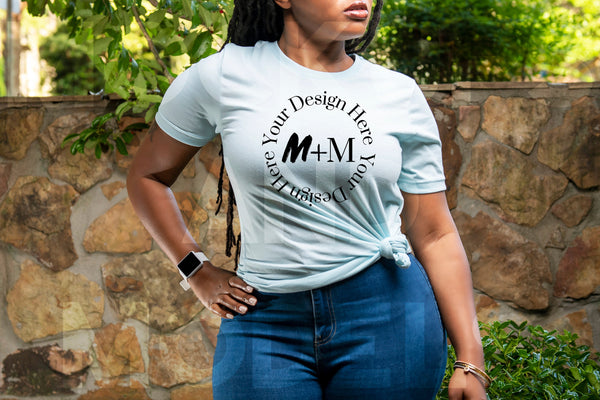 Bella Canvas 3001 Heather Prism Ice Blue T-Shirt Mock Up | Black Model Mock Up | African American Mock Ups | Black Woman Lifestyle Outdoors