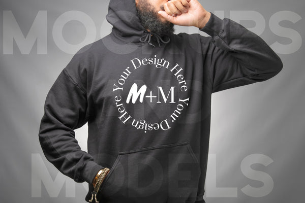 Gildan 185 Black Hoodie Mock Up | Black Male Mock Up | African American Mens Models | Lifestyle | Black Male Winter Fashion Pullover